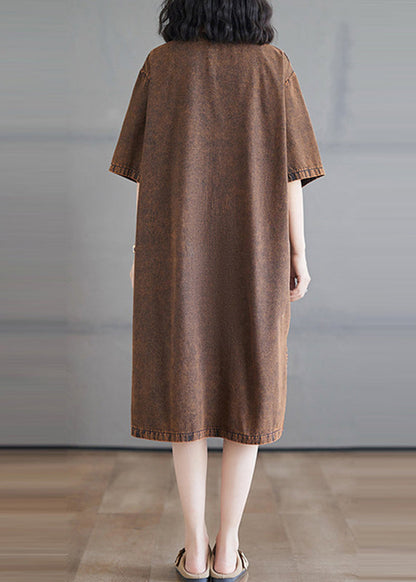 Vintage O-Neck Button Side Open Denim Long Dresses Short Sleeve