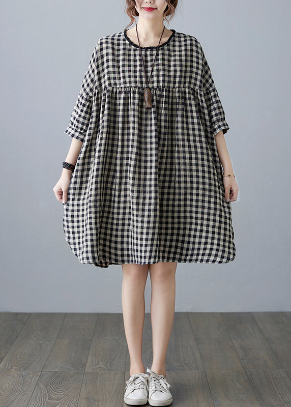 Vintage O-Neck wrinkled Pocket Purple Linen Loose Dresses Half Sleeve