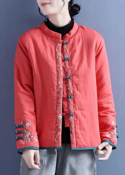 Vintage Orange Embroidered Button Cotton Filled Coats Winter