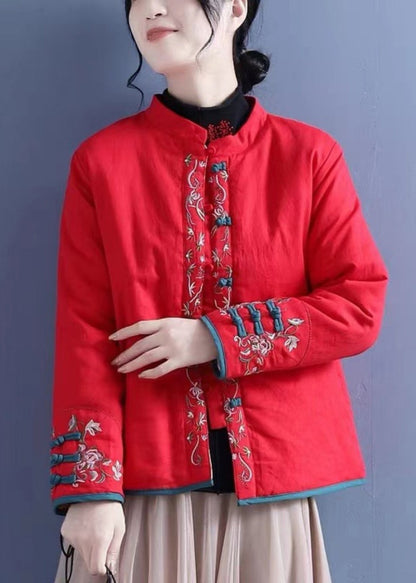 Vintage Orange Embroidered Button Cotton Filled Coats Winter