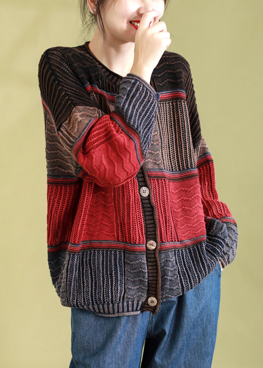 Vintage Orange O-Neck Striped Patchwork Button Cotton Knit Cardigan Spring