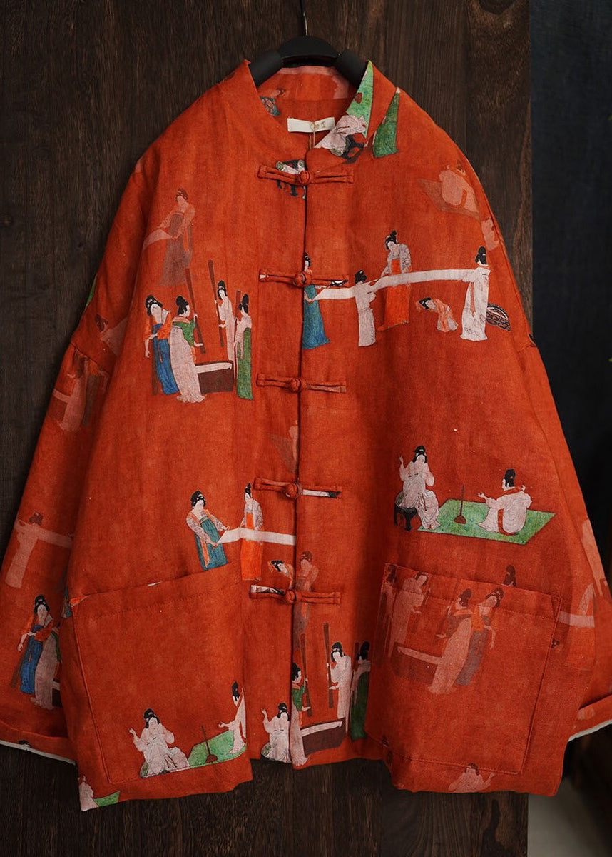 Vintage Orange Print Chinese Button Fine Cotton Filled Jackets Winter