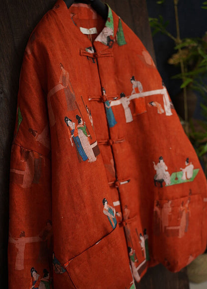 Vintage Orange Print Chinese Button Fine Cotton Filled Jackets Winter