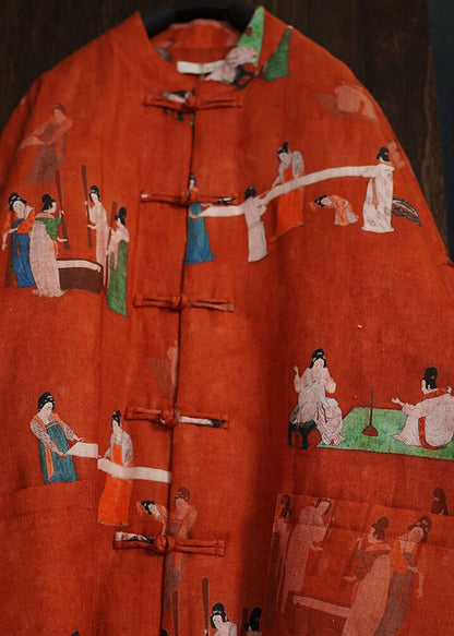 Vintage Orange Print Chinese Button Fine Cotton Filled Jackets Winter