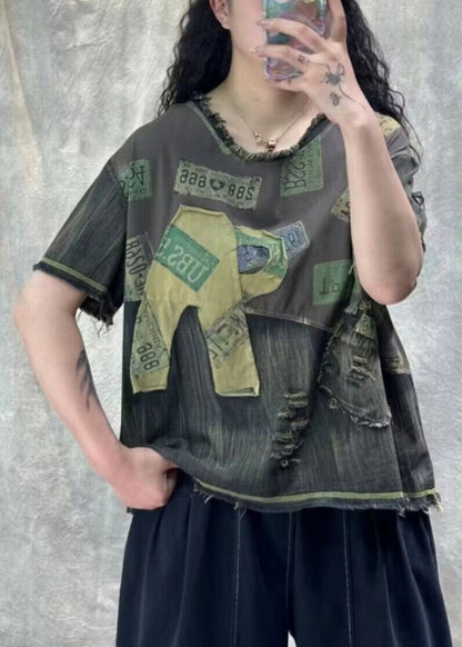 Vintage Orange Print Hole Patchwork T Shirt Denim Summer