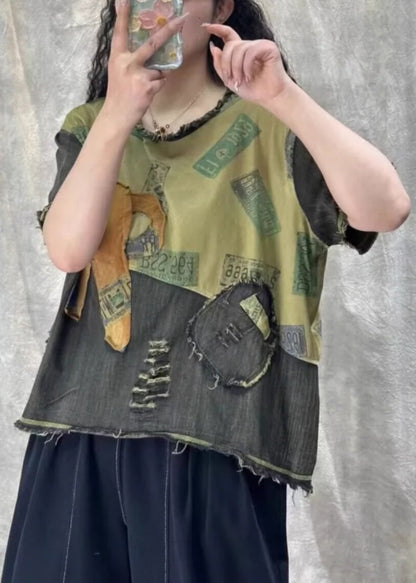 Vintage Orange Print Hole Patchwork T Shirt Denim Summer