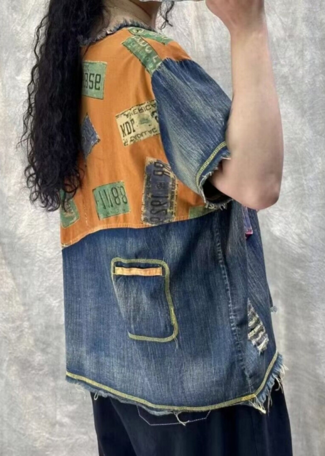 Vintage Orange Print Hole Patchwork T Shirt Denim Summer