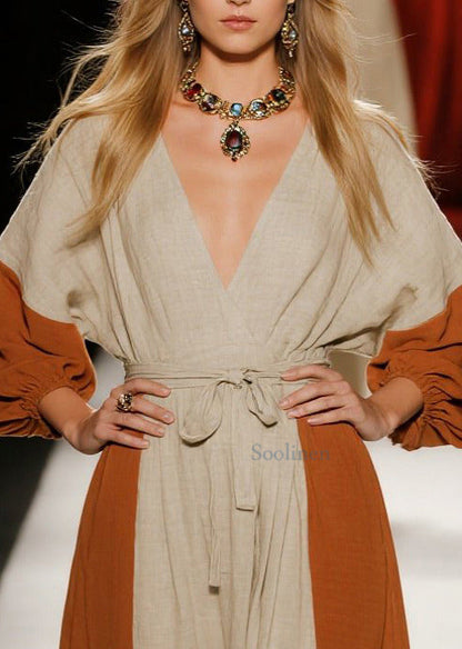 Vintage Orange Tie Waist Patchwork Linen Holiday Dress Spring