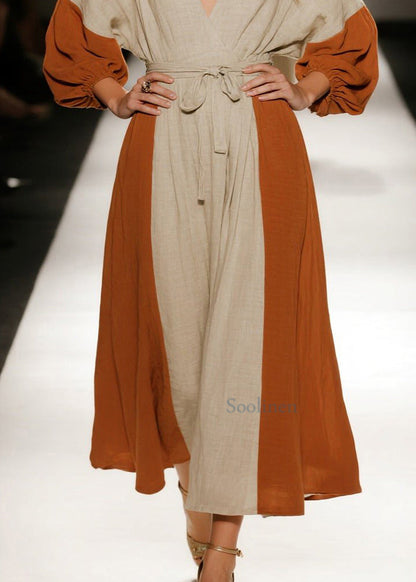 Vintage Orange Tie Waist Patchwork Linen Holiday Dress Spring