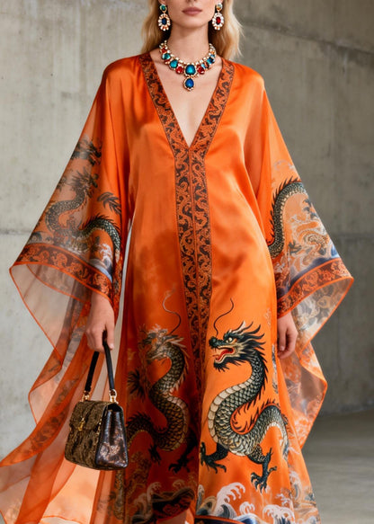 Vintage Orange V Neck Print Chiffon Robe Dresses Summer
