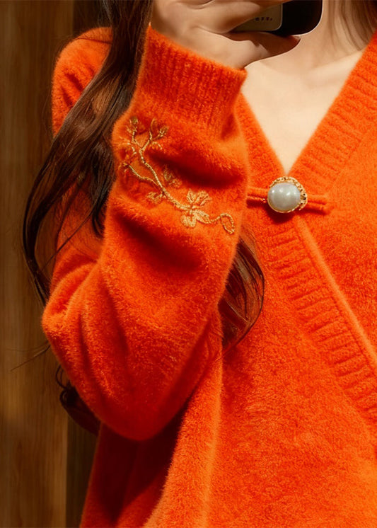 Vintage Orange V Neck Thick Cotton Knit Sweater Fall
