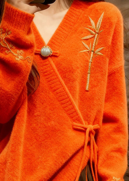 Vintage Orange V Neck Thick Cotton Knit Sweater Fall