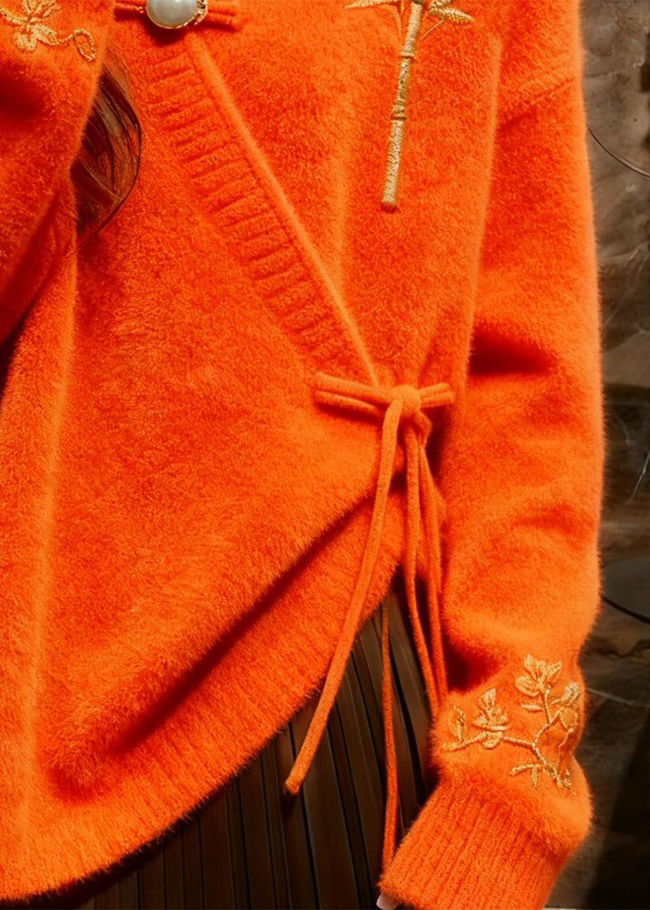 Vintage Orange V Neck Thick Cotton Knit Sweater Fall