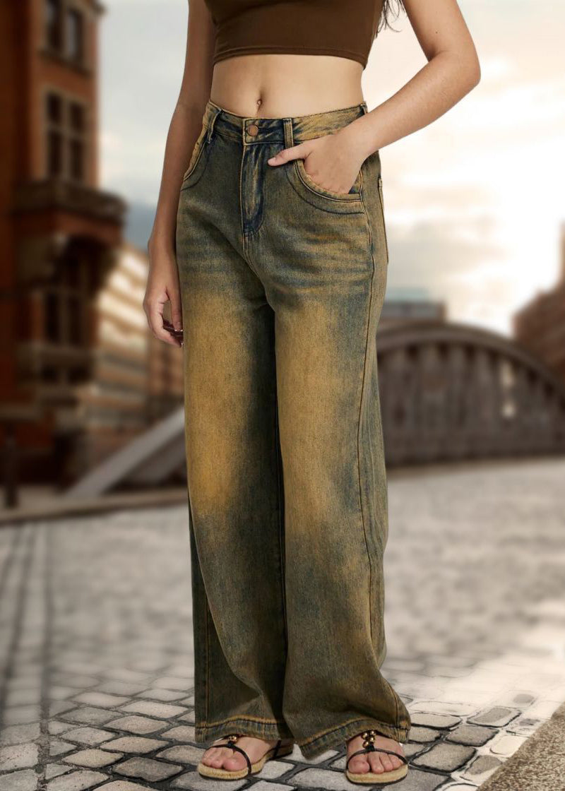 Vintage Patchwork High Waist Straight Denim Pants Fall