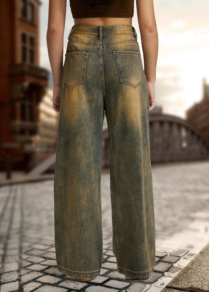 Vintage Patchwork High Waist Straight Denim Pants Fall
