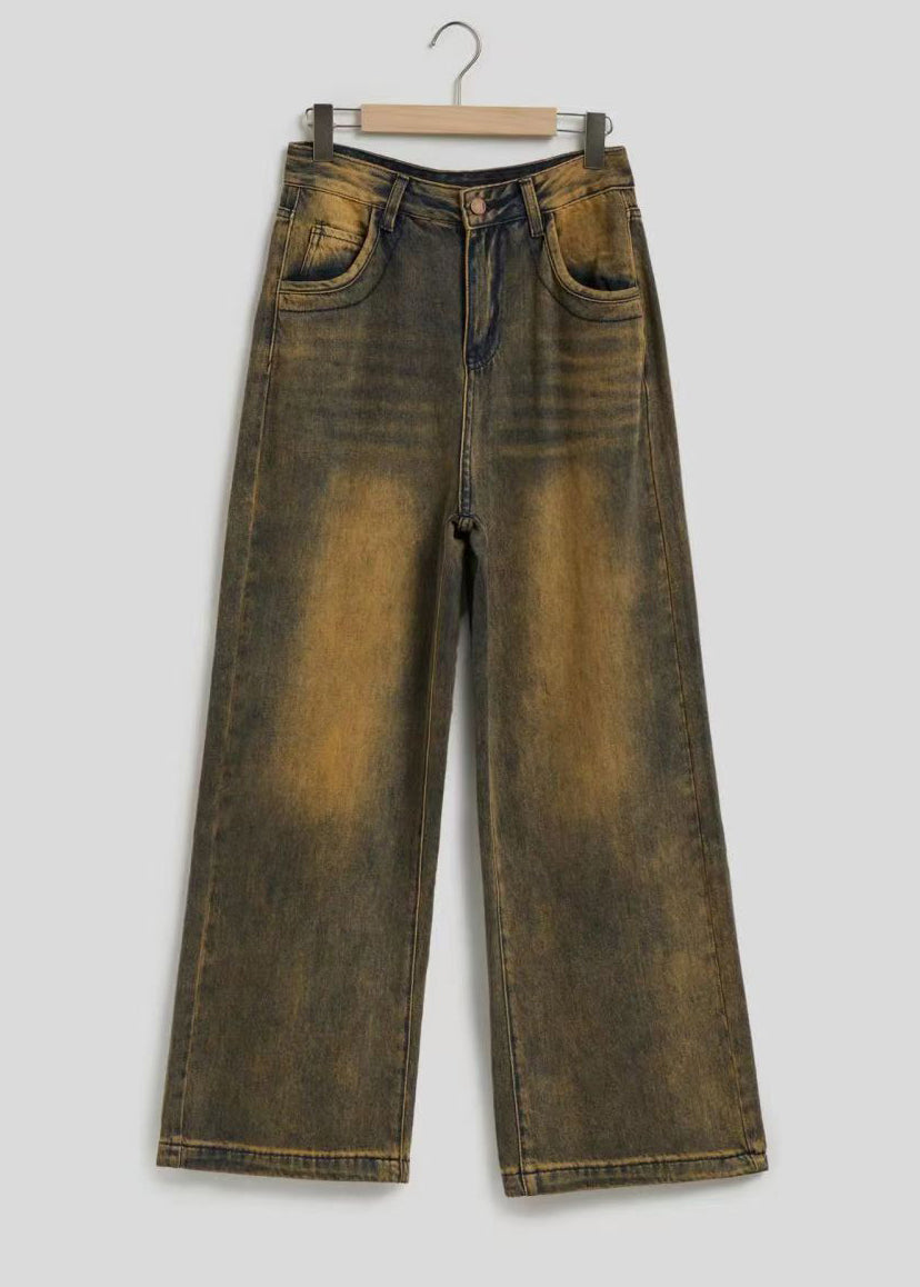 Vintage Patchwork High Waist Straight Denim Pants Fall