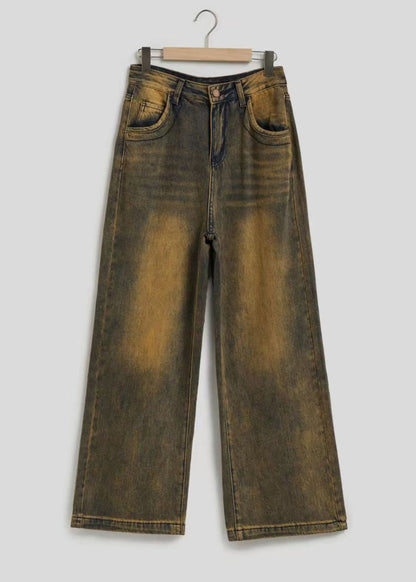 Vintage Patchwork High Waist Straight Denim Pants Fall