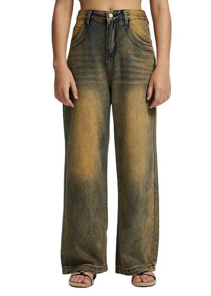 Vintage Patchwork High Waist Straight Denim Pants Fall