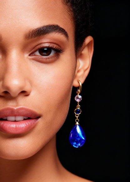 Vintage Peacock Blue Water Droplet Gem Stone Drop Earrings