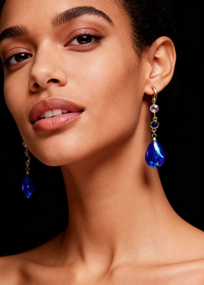 Vintage Peacock Blue Water Droplet Gem Stone Drop Earrings