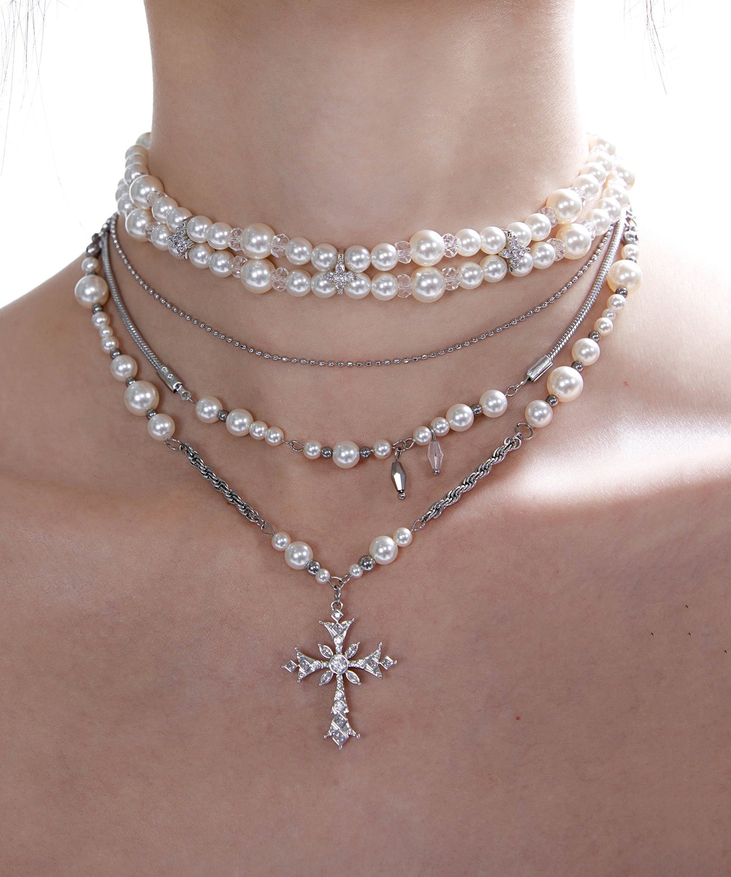 Vintage Pearl Cross Two Piece Set Alloy Layering Pendant Necklace