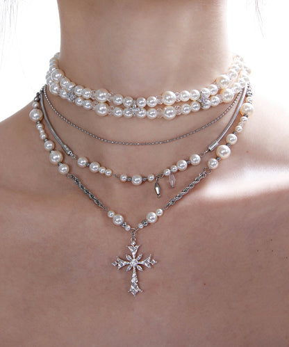 Vintage Pearl Cross Two Piece Set Alloy Layering Pendant Necklace
