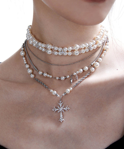 Vintage Pearl Cross Two Piece Set Alloy Layering Pendant Necklace