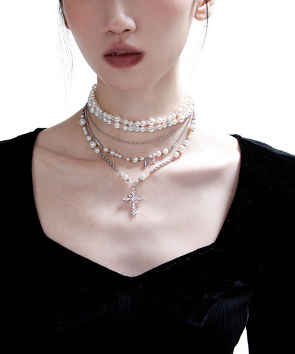 Vintage Pearl Cross Two Piece Set Alloy Layering Pendant Necklace