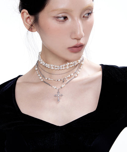 Vintage Pearl Cross Two Piece Set Alloy Layering Pendant Necklace