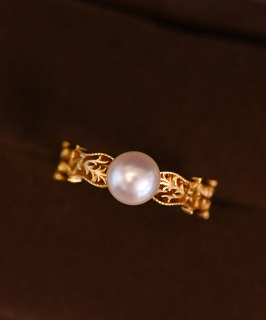 Vintage Pearl Hollow Out Adjustable Gold Plated Rings
