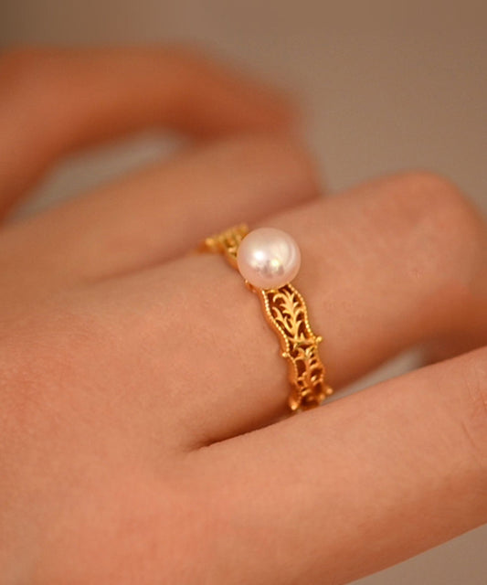 Vintage Pearl Hollow Out Adjustable Gold Plated Rings