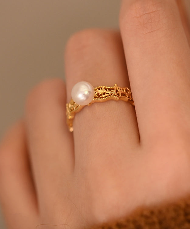 Vintage Pearl Hollow Out Adjustable Gold Plated Rings