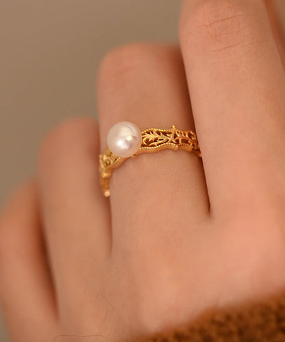 Vintage Pearl Hollow Out Adjustable Gold Plated Rings