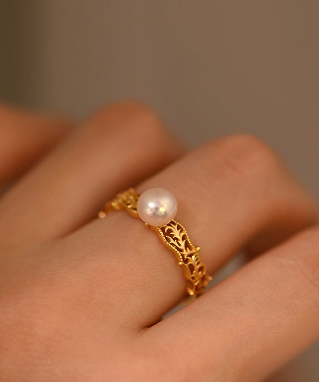 Vintage Pearl Hollow Out Adjustable Gold Plated Rings