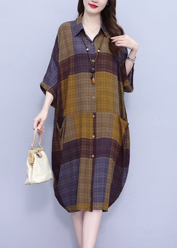 Vintage Peter Pan Collar Plaid Long Shirt Dress Summer