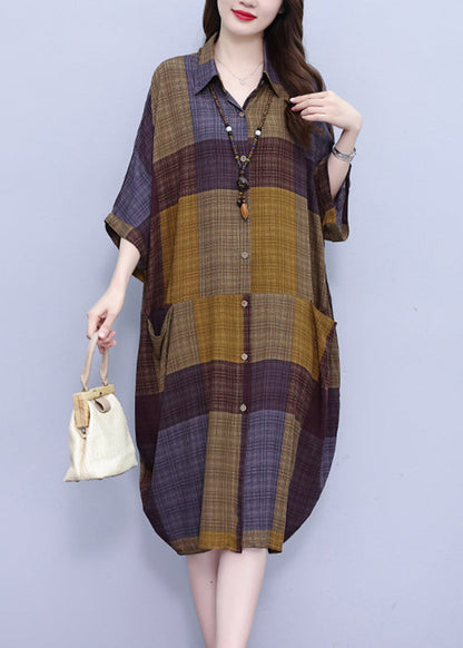 Vintage Peter Pan Collar Plaid Long Shirt Dress Summer