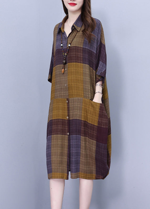 Vintage Peter Pan Collar Plaid Long Shirt Dress Summer