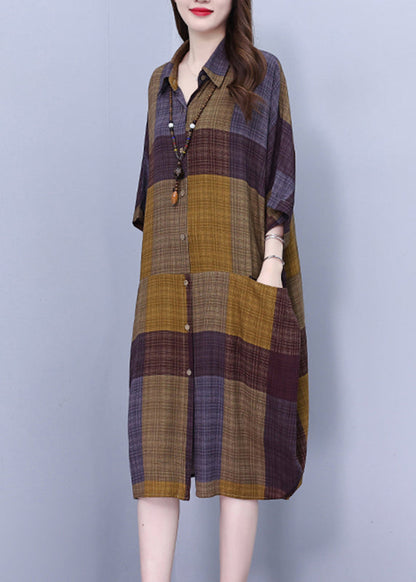 Vintage Peter Pan Collar Plaid Long Shirt Dress Summer