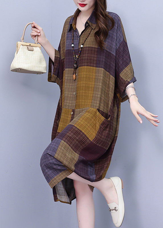 Vintage Peter Pan Collar Plaid Long Shirt Dress Summer