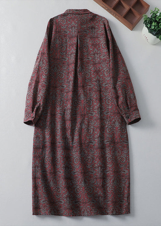 Vintage Peter Pan Collar Print Pockets Cotton Shirts Dress Spring