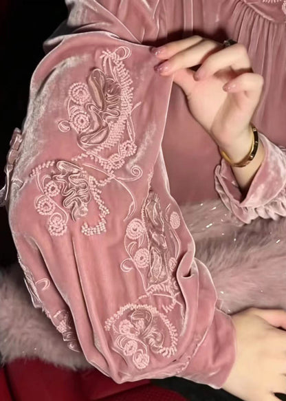 Vintage Pink Embroidered Velour Blouse Top Lantern Sleeve