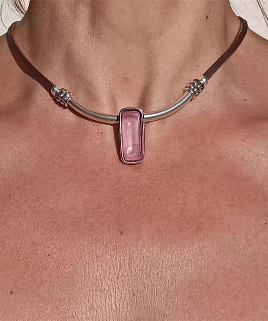 Vintage Pink Leather Alloy Crystal Pendant Necklace