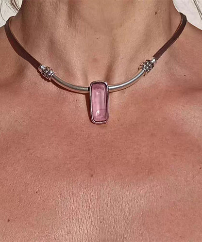 Vintage Pink Leather Alloy Crystal Pendant Necklace