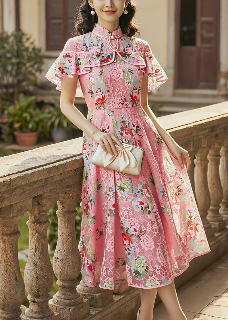 Vintage Pink Mandarin Collar Lace Mid Dress Cloak Sleeves