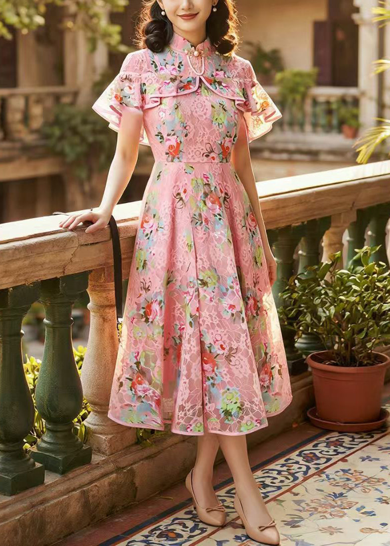 Vintage Pink Mandarin Collar Lace Mid Dress Cloak Sleeves