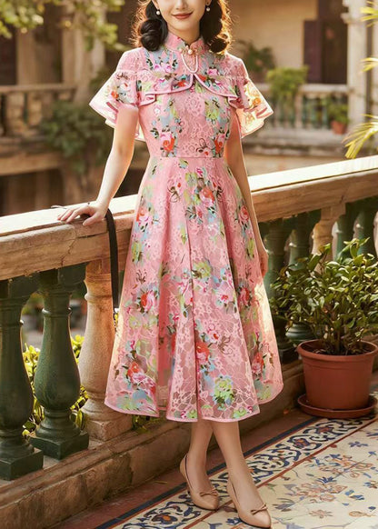Vintage Pink Mandarin Collar Lace Mid Dress Cloak Sleeves