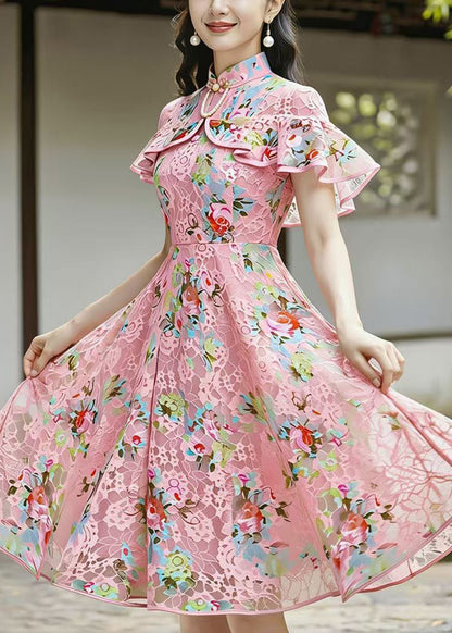 Vintage Pink Mandarin Collar Lace Mid Dress Cloak Sleeves