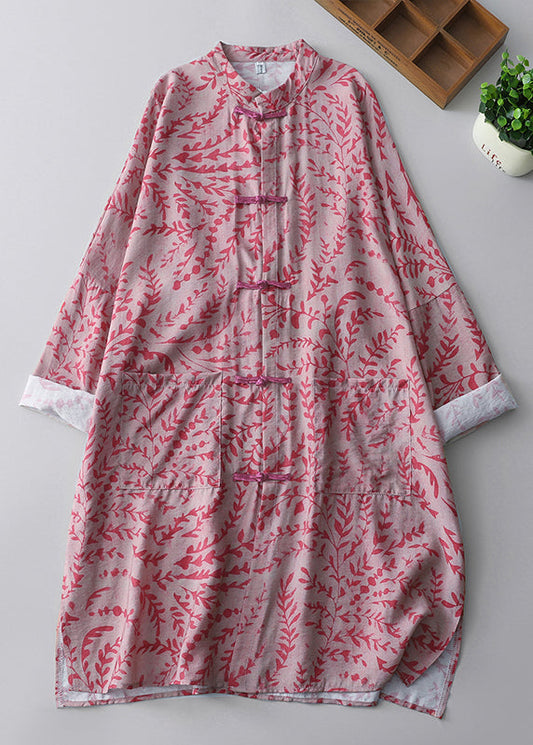 Vintage Pink Oversized Print Linen Oriental Dresss Spring