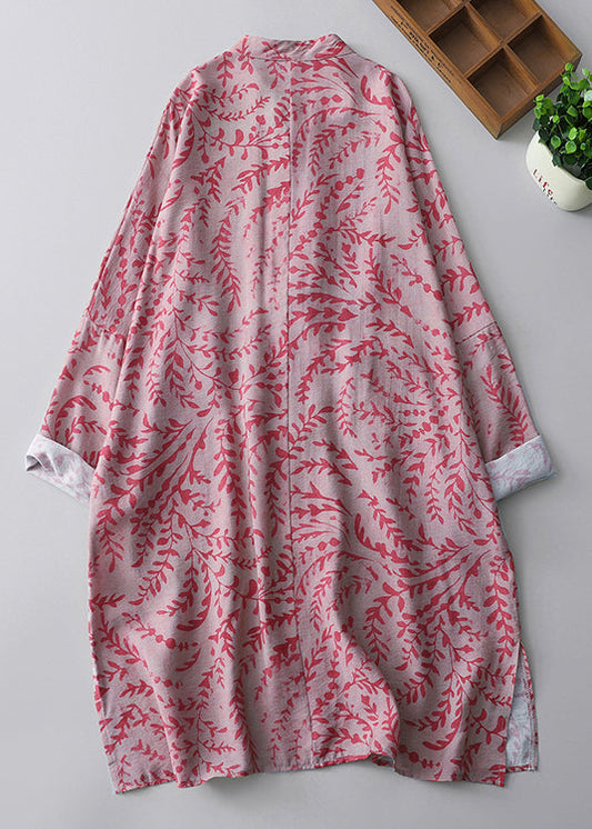 Vintage Pink Oversized Print Linen Oriental Dresss Spring