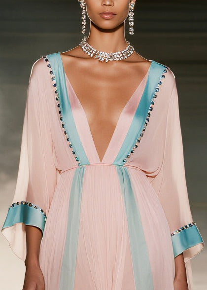 Vintage Pink Patchwork Side Open Chiffon Maxi Dress Summer